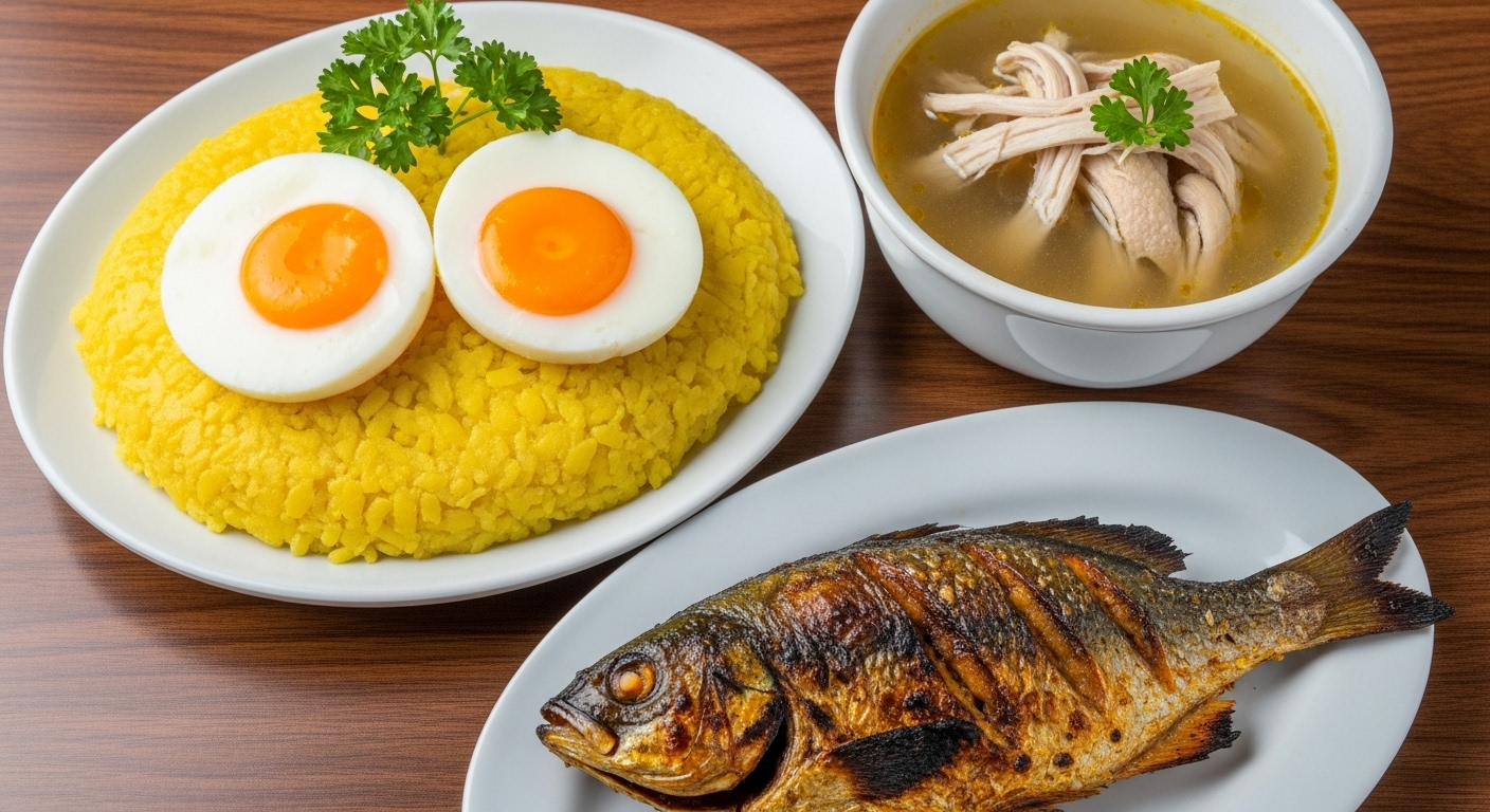 Healthy non-veg meal with poha, eggs, grilled fish, chicken soup and vegetables